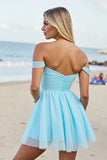 Off The Shoulder Light Blue A Line Graduation Dress