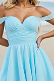 Off The Shoulder Light Blue A Line Graduation Dress