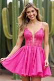 Fuchsia A Line Appliqued Mini Graduation Dress