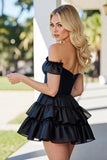 Black Tiered Corset Short Graduation Dress with Ruffles