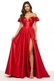 Off The Shoulder A Line Red Prom Dress With Slit