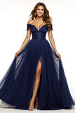 Off The Shoulder Navy Long Prom Dress With Slit