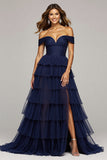 Navy Off The Shoulder Tiered Long Prom Dress With Slit