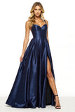 Navy A Line Spaghetti Straps Prom Dress With Slit