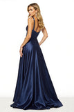 Navy A Line Spaghetti Straps Prom Dress With Slit