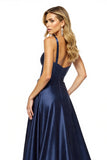 Navy A Line Spaghetti Straps Prom Dress With Slit