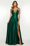 Dark Green A Line Satin Long Prom Dress With Slit