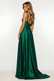 Dark Green A Line Satin Long Prom Dress With Slit