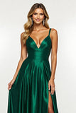 Dark Green A Line Satin Long Prom Dress With Slit