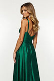 Dark Green A Line Satin Long Prom Dress With Slit