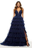 A Line Navy Tiered Tulle Prom Dress With Slit