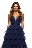 A Line Navy Tiered Tulle Prom Dress With Slit
