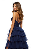 A Line Navy Tiered Tulle Prom Dress With Slit