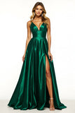 A Line Dark Green V Neck Long Prom Dress