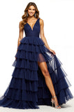 Navy Tiered V Neck Long Prom Dress With Slit