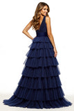 Navy Tiered V Neck Long Prom Dress With Slit