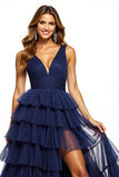 Navy Tiered V Neck Long Prom Dress With Slit