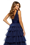Navy Tiered V Neck Long Prom Dress With Slit
