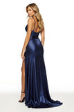 Sparkly Navy Sheath Long Prom Dress With Slit