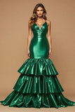 Dark Green Satin Mermaid Long Prom Dress with Ruffles