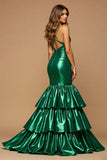 Dark Green Satin Mermaid Long Prom Dress with Ruffles