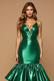 Dark Green Satin Mermaid Long Prom Dress with Ruffles