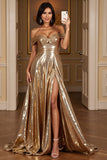Golden A Line Metallic Long Prom Dress with Slit
