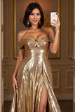 Golden A Line Metallic Long Prom Dress with Slit