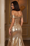 Golden A Line Metallic Long Prom Dress with Slit