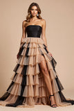 Black and Pink Tulle A Line Long Prom Dress with Slit