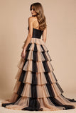 Black and Pink Tulle A Line Long Prom Dress with Slit