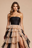 Black and Pink Tulle A Line Long Prom Dress with Slit