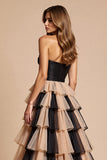 Black and Pink Tulle A Line Long Prom Dress with Slit