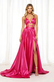 Fuchsia Satin A Line Long Prom Dress with Slit