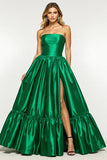 Dark Green A Line Satin Prom Dress with Slit