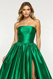 Dark Green A Line Satin Prom Dress with Slit