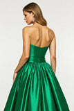 Dark Green A Line Satin Prom Dress with Slit