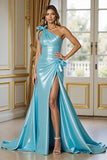 Blue Satin Mermaid Prom Dress with Slit