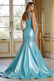 Blue Satin Mermaid Prom Dress with Slit