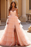 Blush Tulle Tiered Long Prom Dress with Appliques