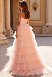 Blush Tulle Tiered Long Prom Dress with Appliques