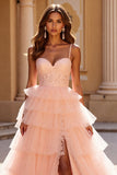 Blush Tulle Tiered Long Prom Dress with Appliques