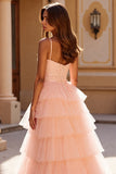 Blush Tulle Tiered Long Prom Dress with Appliques