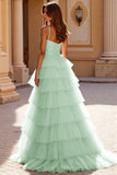 Blush Tulle Tiered Long Prom Dress with Appliques