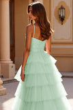 Blush Tulle Tiered Long Prom Dress with Appliques