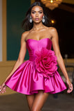 Fuchsia Strapless A Line Graduation Dress With 3D Flowers