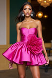 Fuchsia Strapless A Line Graduation Dress With 3D Flowers