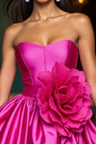 Fuchsia Strapless A Line Graduation Dress With 3D Flowers