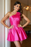 Fuchsia One Shoulder Ruched A Line Graduation Dress With 3D Flowers