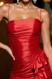Red Satin Bodycon Spaghetti Straps Short Graduation Dress with Ruffles